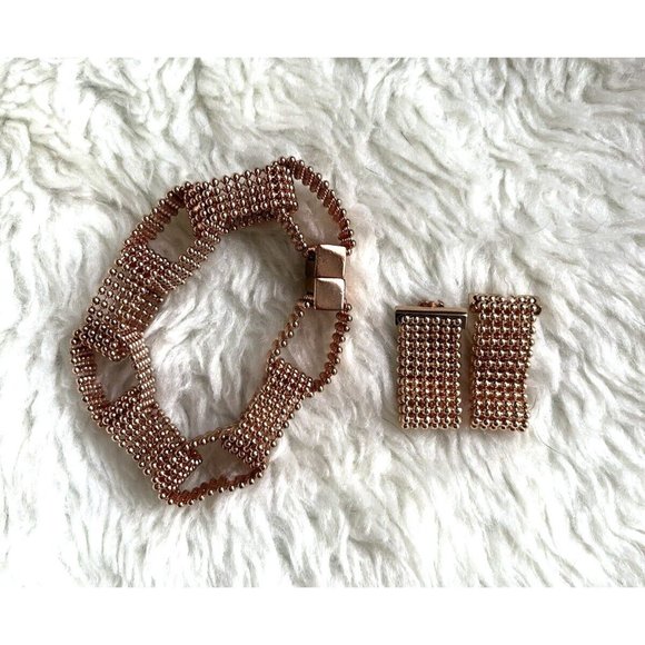 Rose Gold Tone Multi-Cord Textured Bracelet Magnetic Clasp  Matching Earring Set - Picture 2 of 4